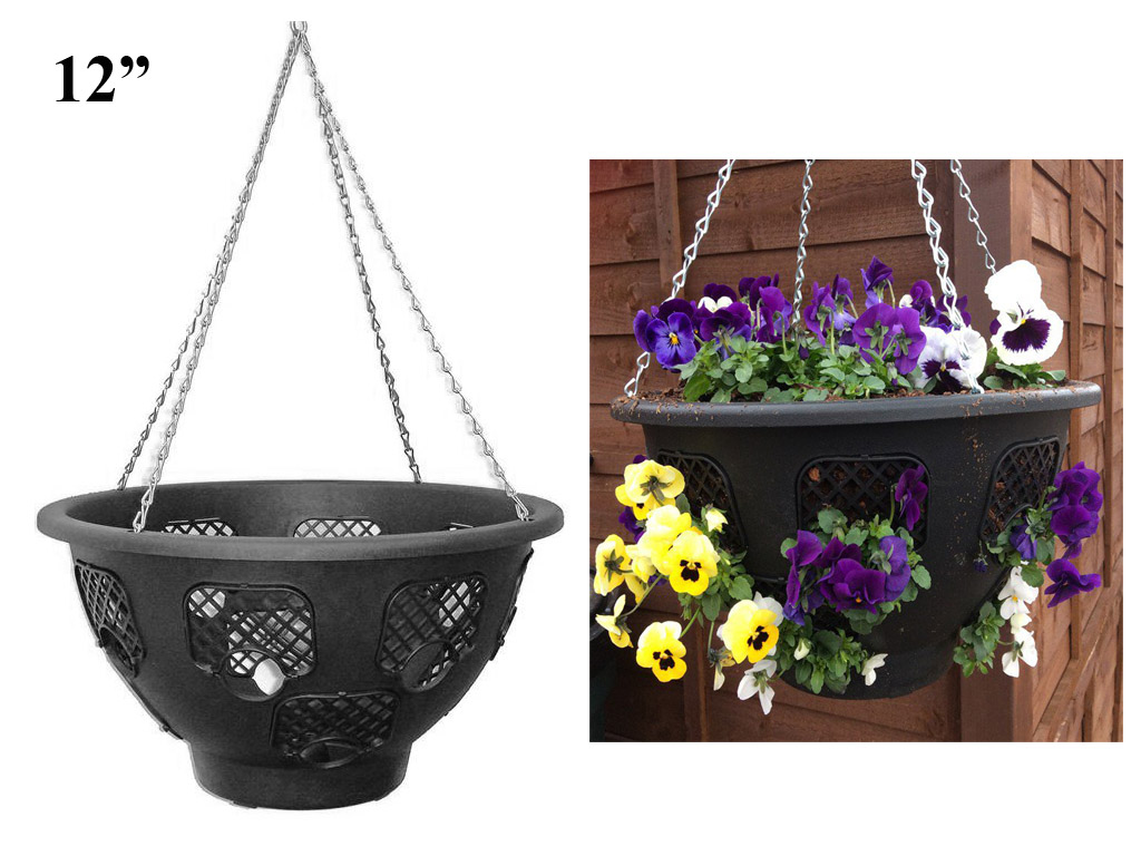 BLACK EASY FILL PLANTS FLOWERS HANGING GARDEN OUTDOOR BASKETS W CHAINS