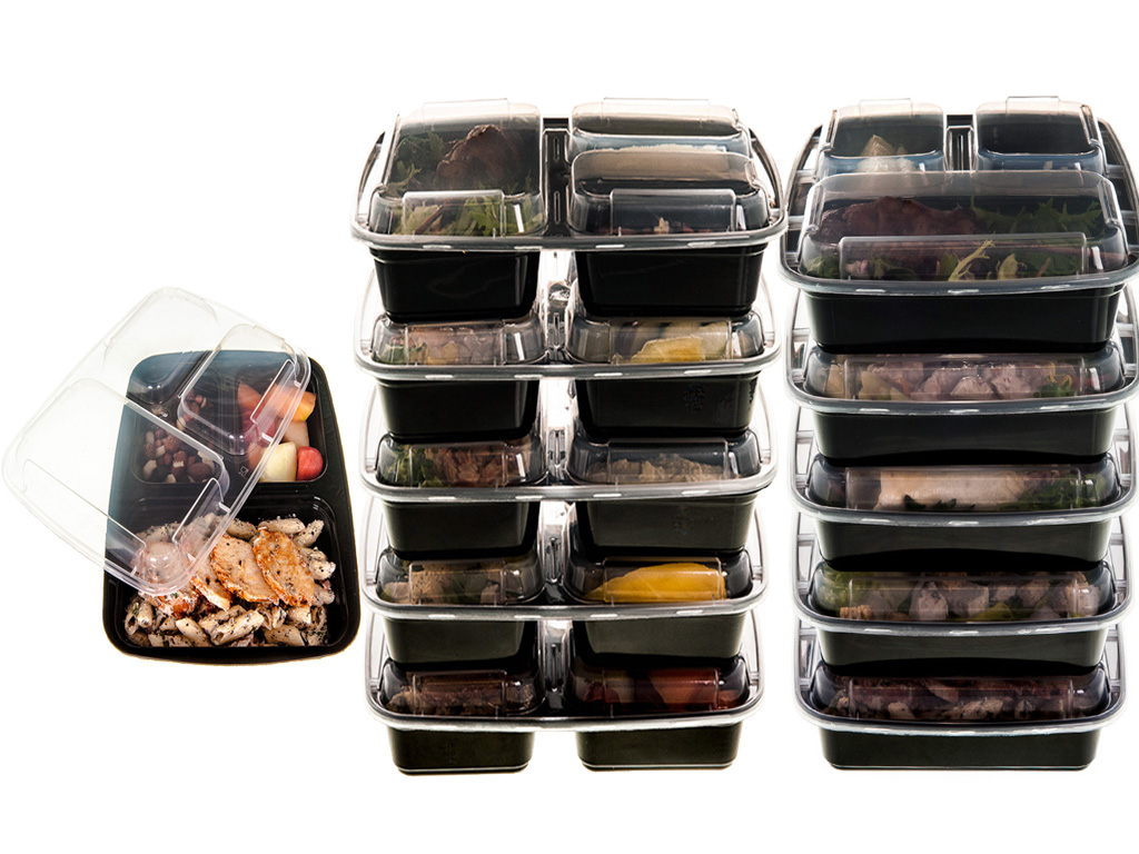 10 PACK READY MEAL PREP 3 COMPARTMENT FOOD CONTAINERS LIDS LUNCH BOX