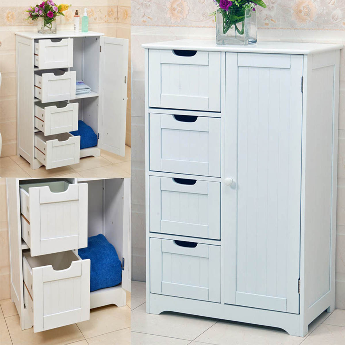 White Wooden Drawer Bathroom Storage Cupboard Cabinet Free Standing