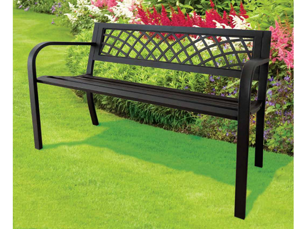 NEW BLACK 3 SEATER METAL GARDEN OUTDOOR W LATTICE BACK PARK BENCH SEAT ...