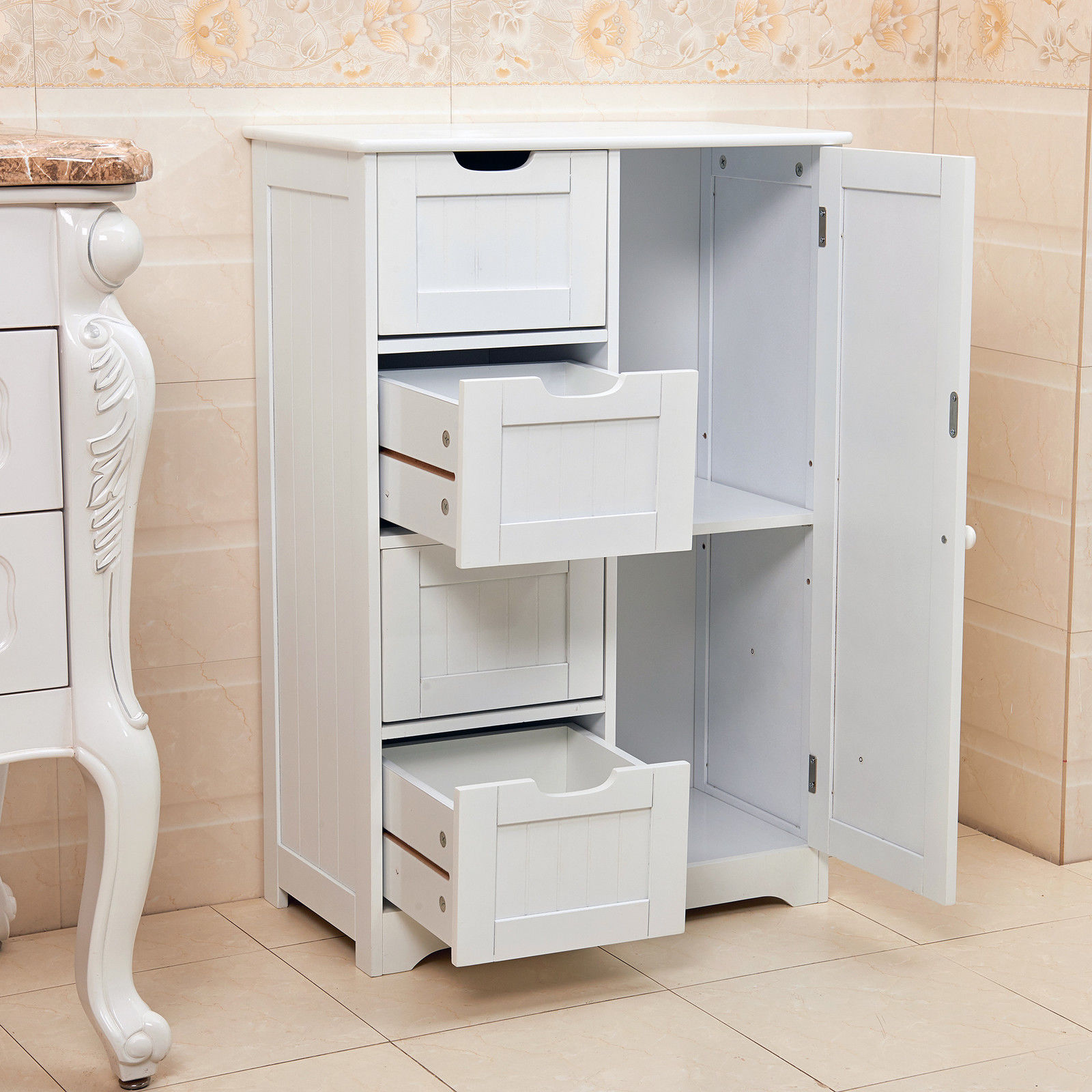 White and wood bathroom storage