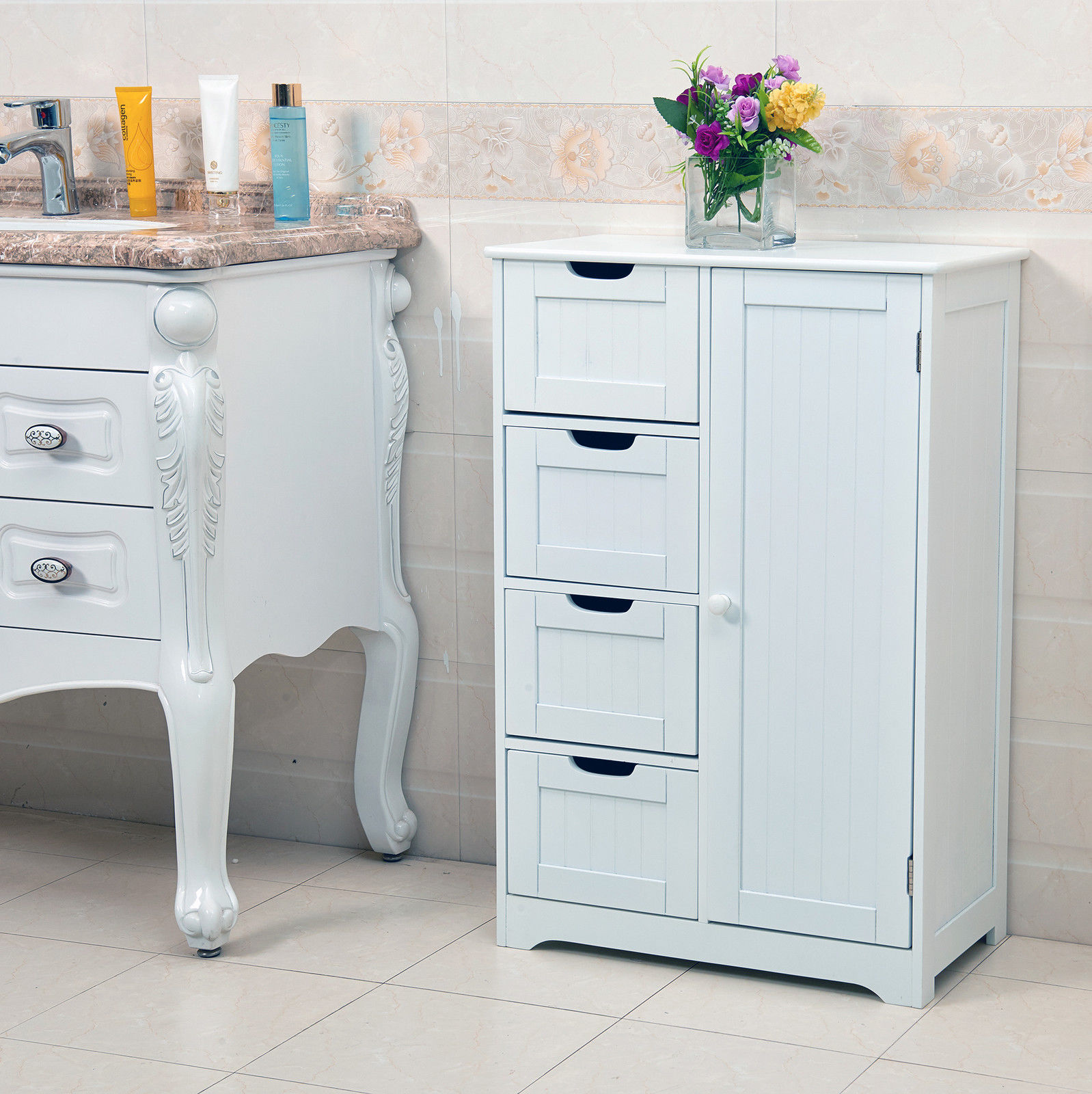 White Wooden 4 Drawer Bathroom Storage Cupboard Cabinet ...