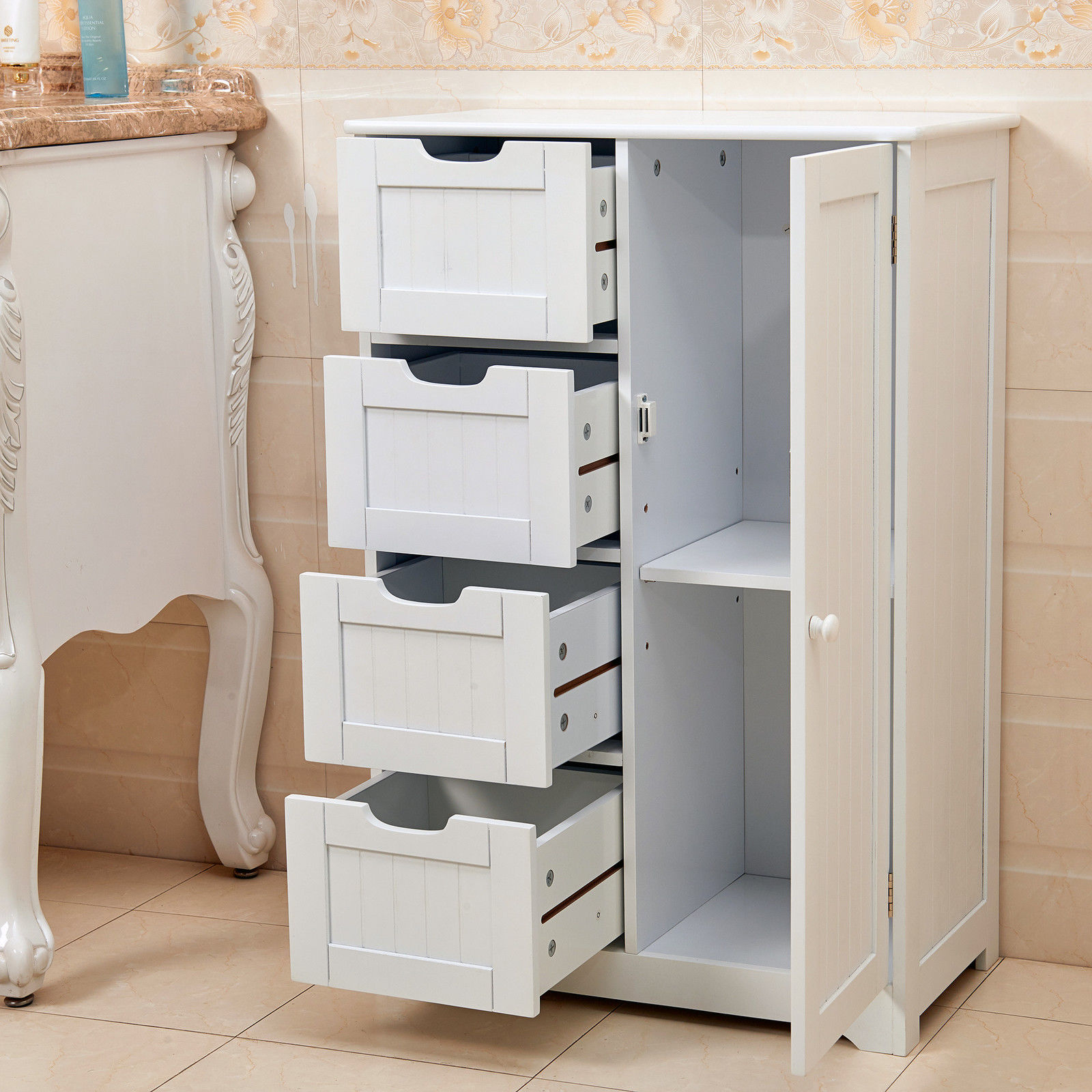 White Wooden 4 Drawer Bathroom Storage Cupboard Cabinet Free Standing ...