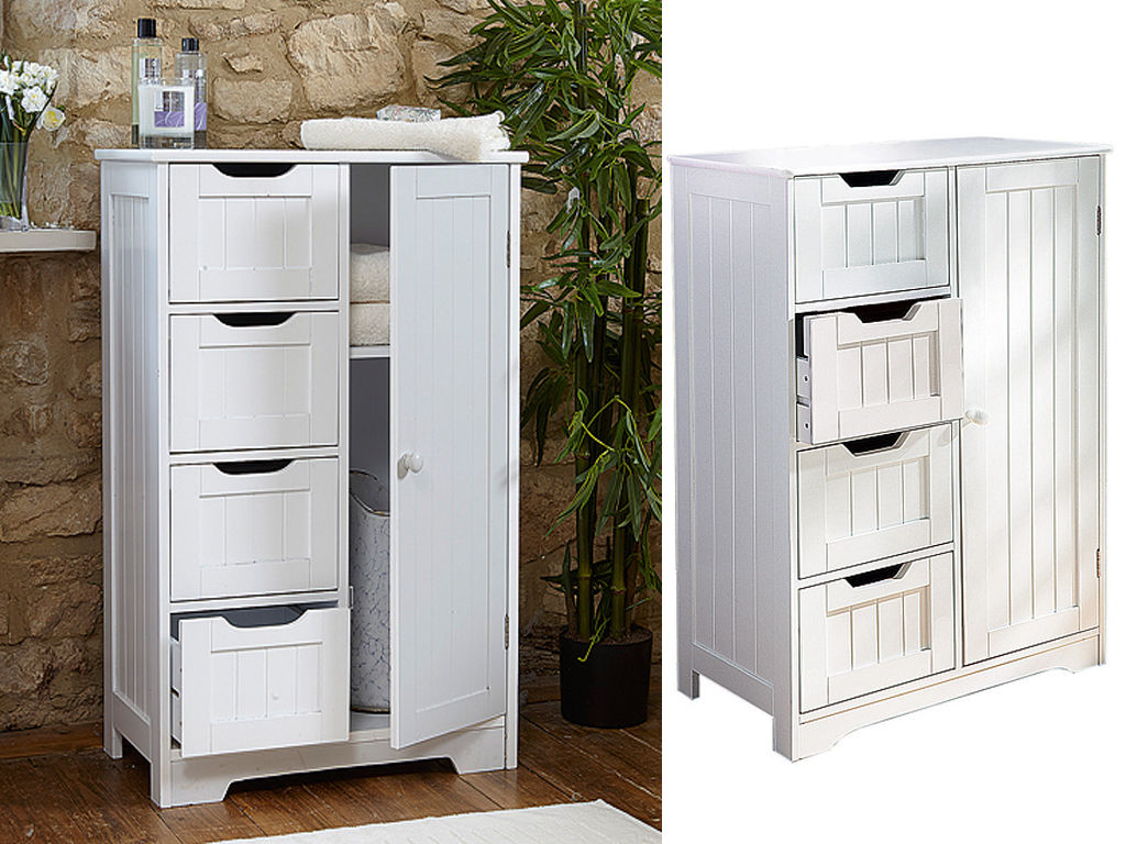 White Wooden 4 Drawer Bathroom Storage Cupboard Cabinet ...