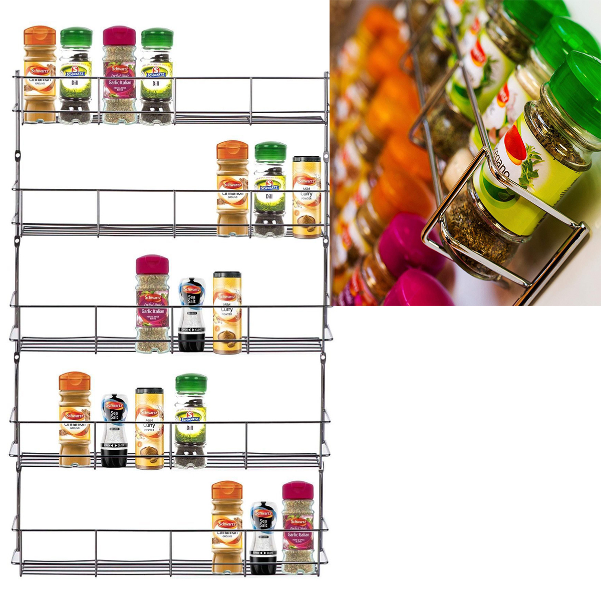 5 Tier Spice Herb Jar Rack Holder Kitchen Door Cupboard Wall