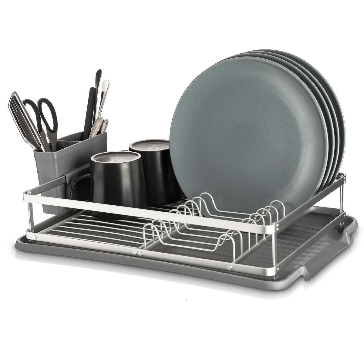 Kitchen Dish Drainer Sink Rack Drip Tray Plates Cutlery Cup Holder Grey