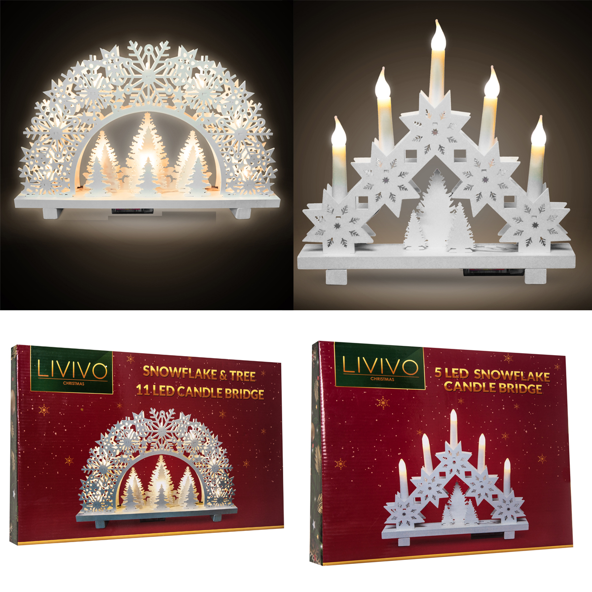 LIVIVO Natural Wooden Christmas Candle Bridge Festive Scene Decoration Battery Operated Warm White LED Xmas Candle Lights SNOWFLAKE 11 LED Brings a Touch Warmth to Any Home This Christmas