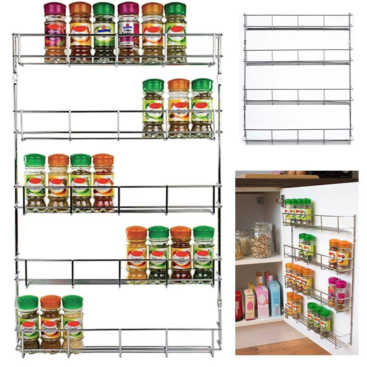 4 Tier Wall Mounted Spice Herb Jar Rack Holder Kitchen Cupboard