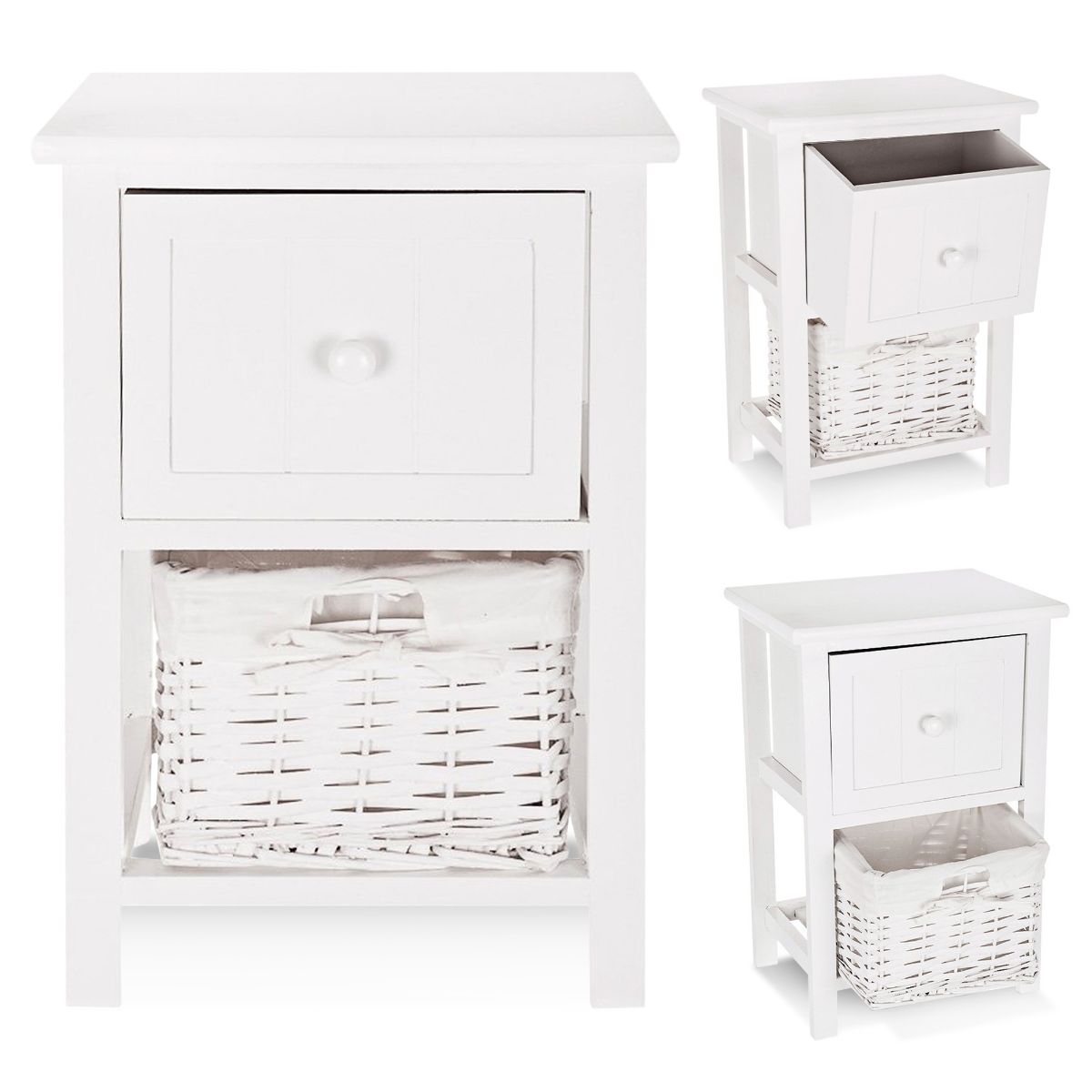 No Assembly Required LIVIVO White Shabby Chic Style Wooden Bedside Cabinet Ready Assembled with Upper Wooden Drawer and Cloth Lined Wicker Storage Basket