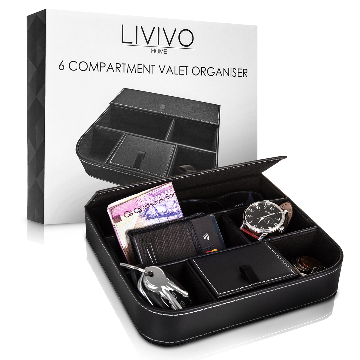 Livivo Valet Tray Organiser 6 Compartment Leather Mens Watch Keys