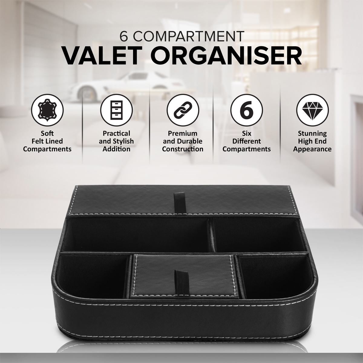 Livivo Valet Tray Organiser 6 Compartment Leather Mens Watch Keys