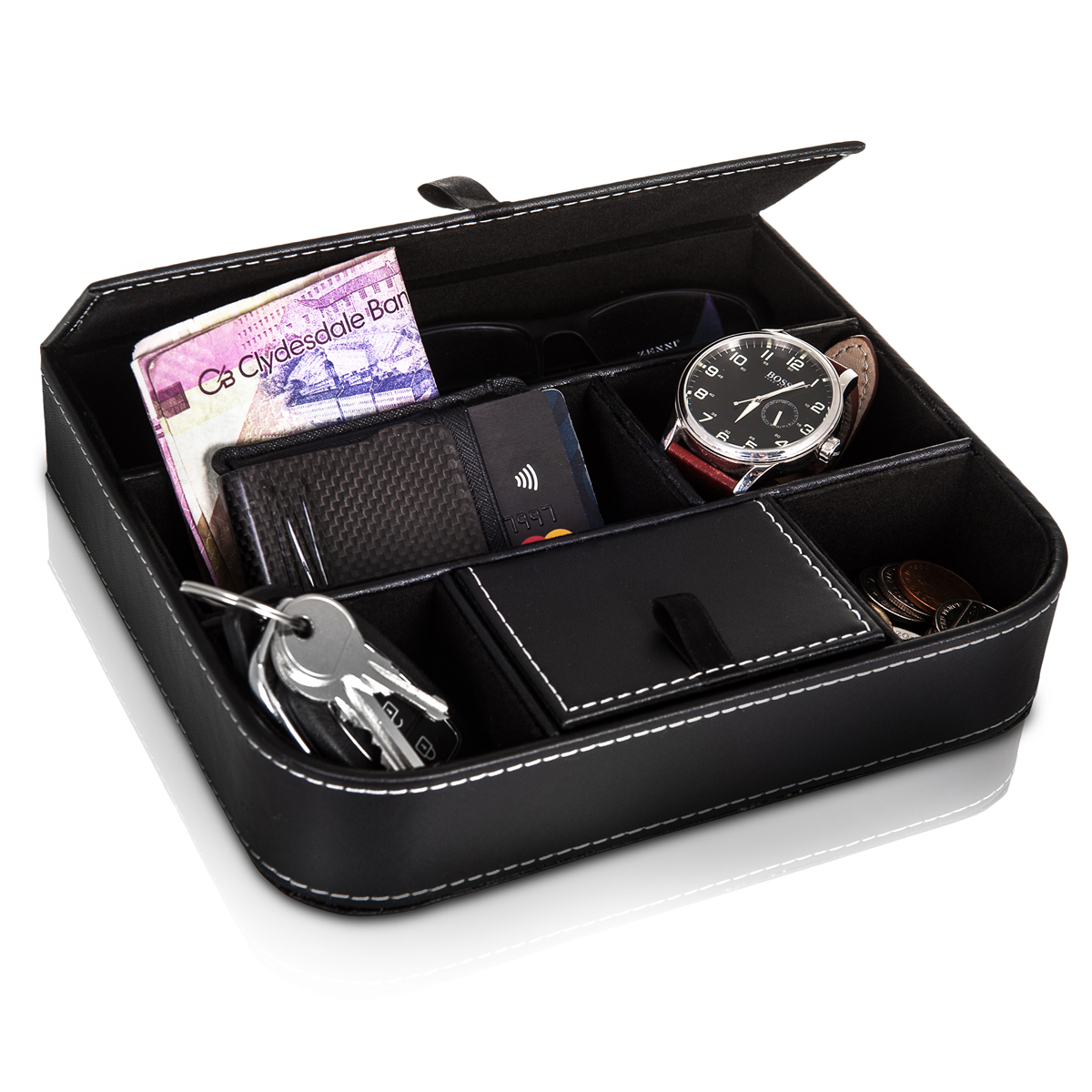 Black 6 Compartment Leather Valet Tray Organiser Mens Watch Keys