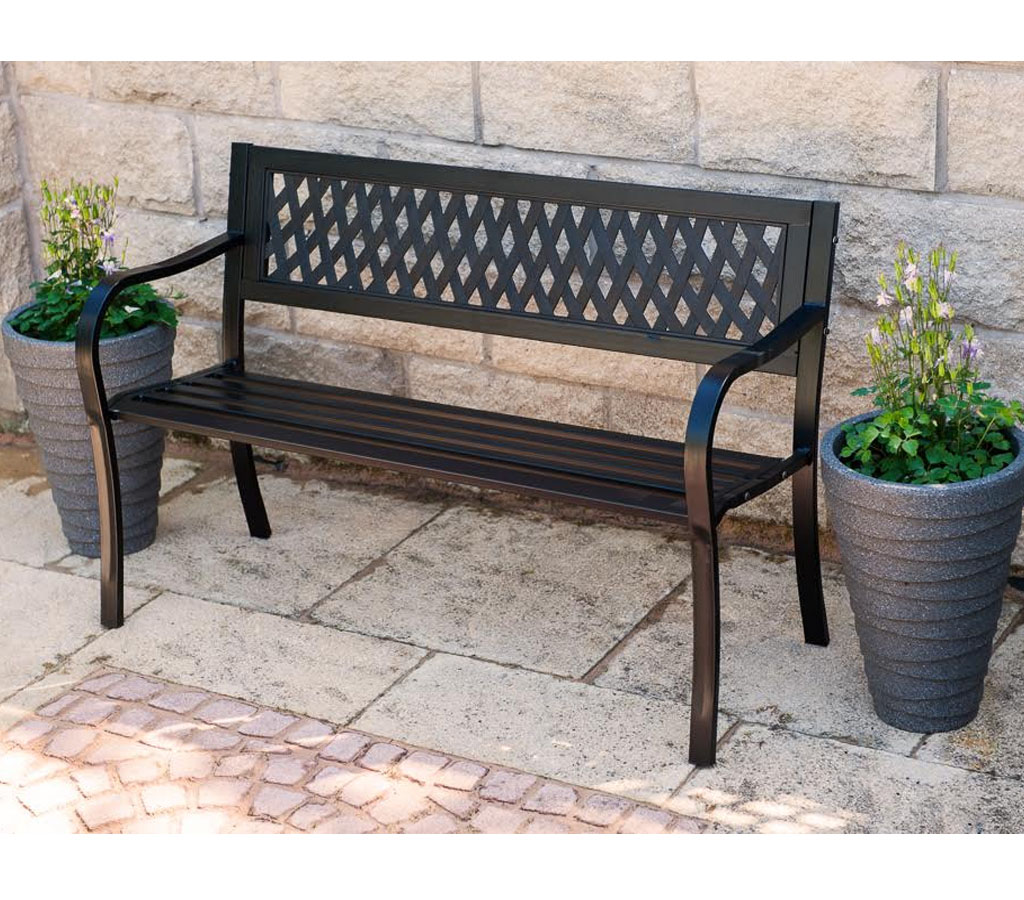 NEW BLACK METAL GARDEN OUTDOOR W LATTICE BACK PARK BENCH SEAT FURNITURE