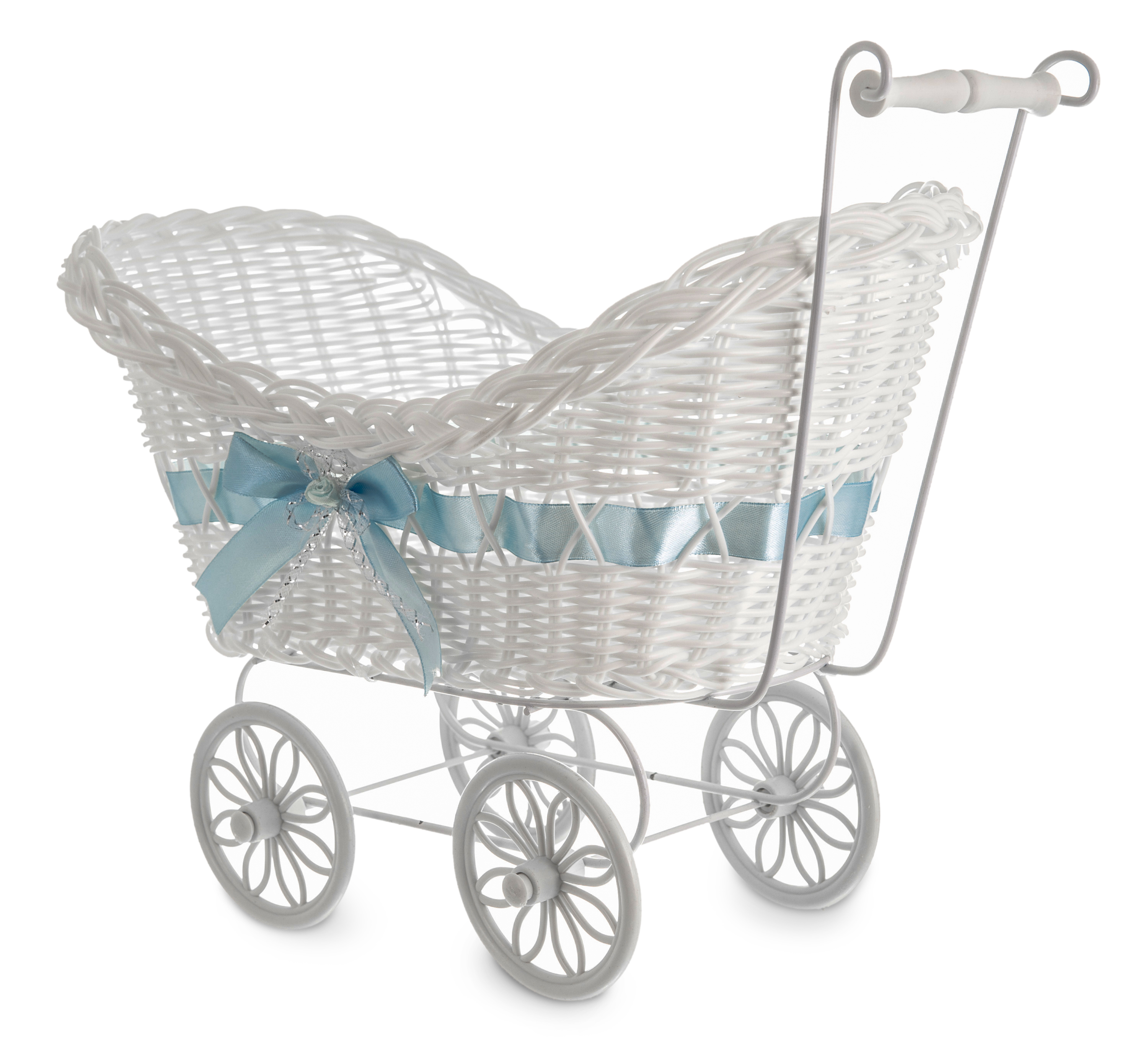 Blue LIVIVO White Baby Pram Wicker Hamper Basket with Handles Wheels and Colourful Satin Ribbon Bow Perfect for Baby Showers or Newborn Baby Gifts 