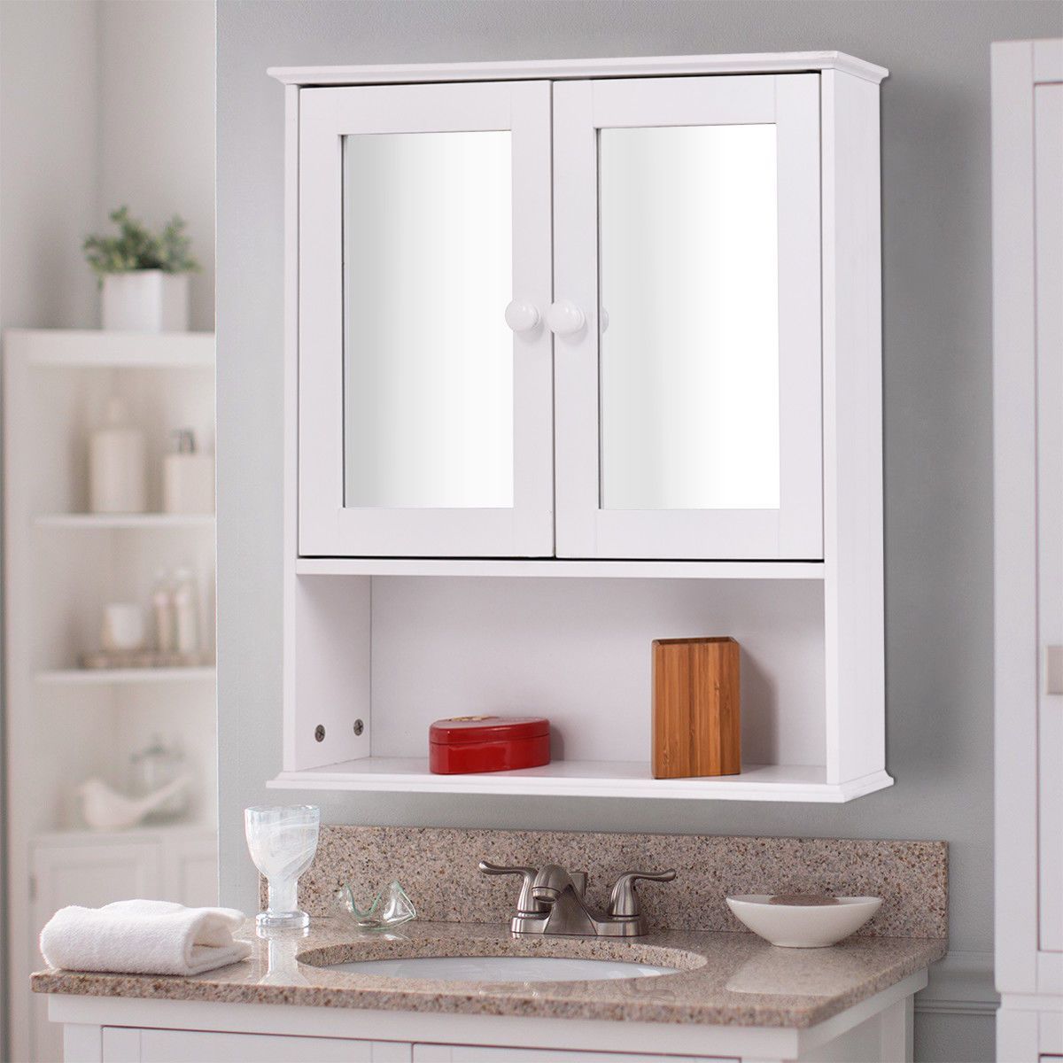 New Elegant Bathroom Wall Cabinet Double Mirror Door Wooden Shelf Bath Storage 5060497646292 Ebay