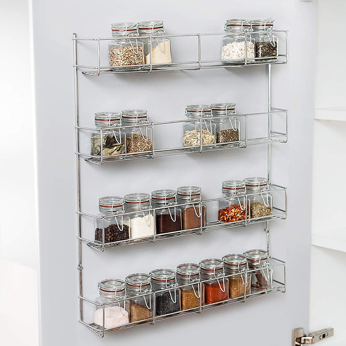 4 TIER SPICE HERB JAR RACK HOLDER KITCHEN DOOR CUPBOARD STORAGE WALL ...