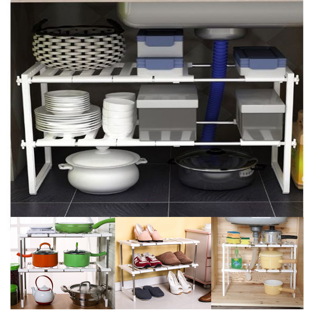 UNDER SINK KITCHEN RACK ORGANISER ADJUSTABLE SHOE STORAGE ...