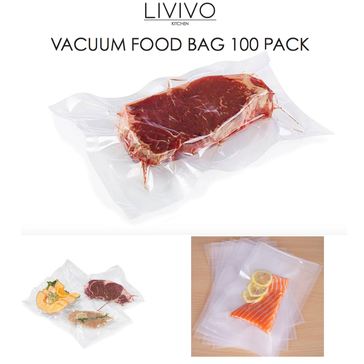 100xVacuum Seal Sealer Pouch Pouches Pack Food Bag Clear Butchers Meat ...