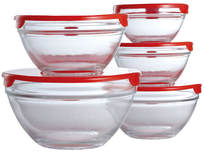 NEW SET OF 5 PIECE GLASS STORAGE BOWL SET WITH LIDS FOOD CONTAINERS ...