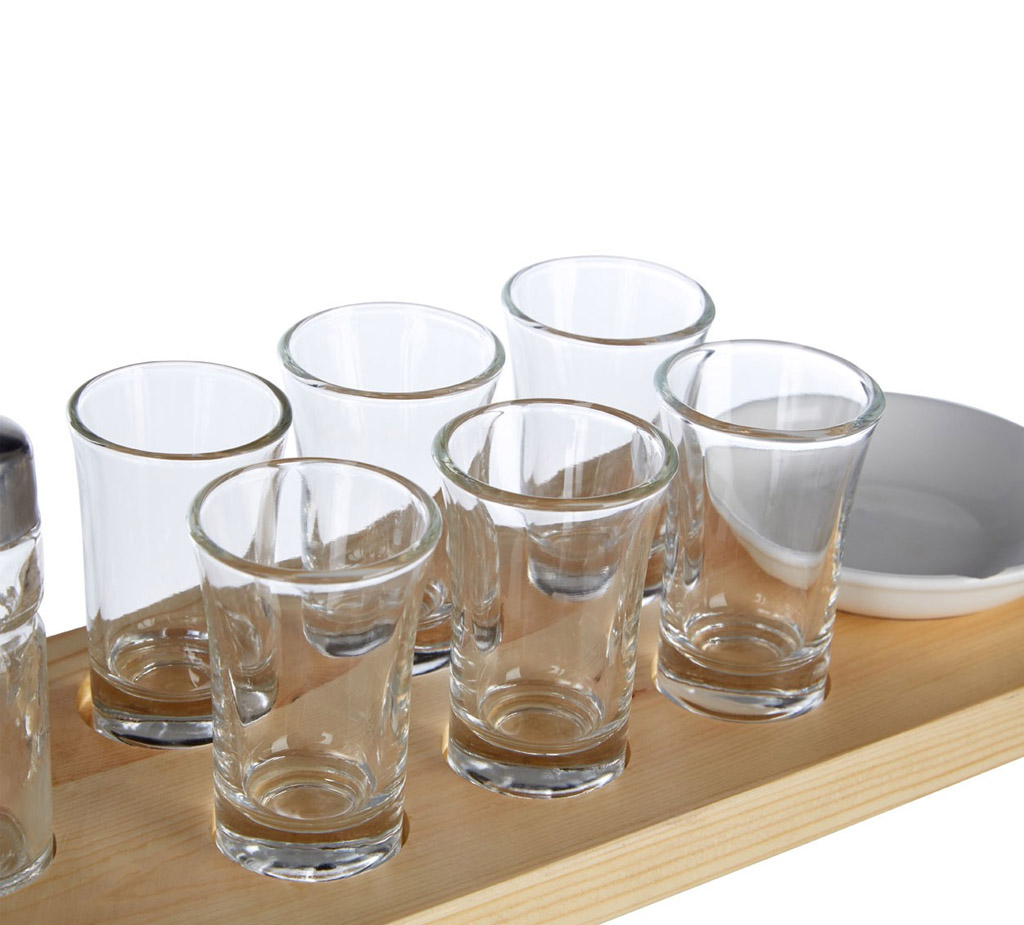 9pc Tequila Shot Glass Set 6 Glasses Salt Shaker Dish Pine Serving Tray 