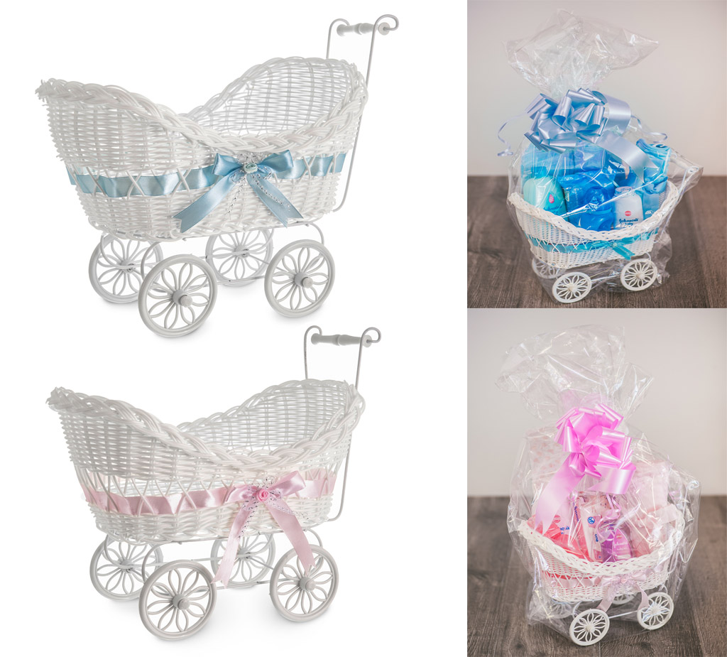 Blue LIVIVO White Baby Pram Wicker Hamper Basket with Handles Wheels and Colourful Satin Ribbon Bow Perfect for Baby Showers or Newborn Baby Gifts 